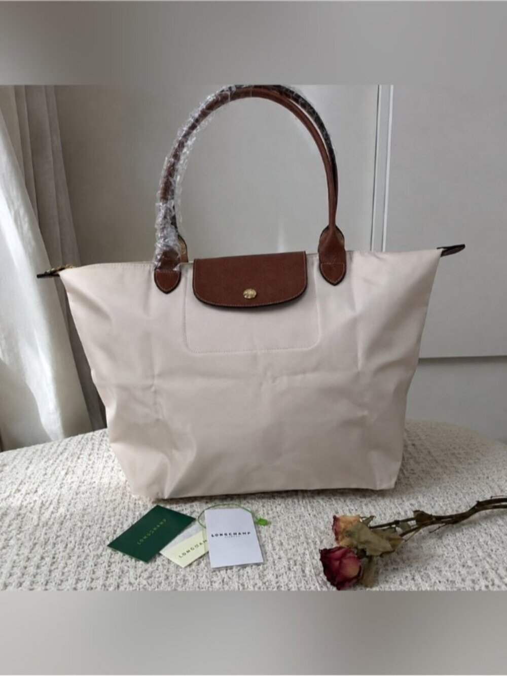 Longchamp Tote in Cream with Brown Trim